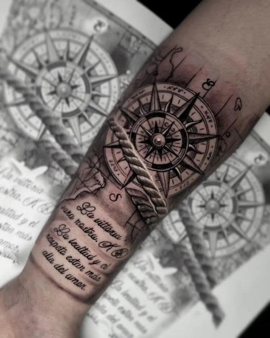 Big Black and Grey Compass Rose with Rope and Latin Text on Men Arm Tattoo by @cleopatrainkincirlik