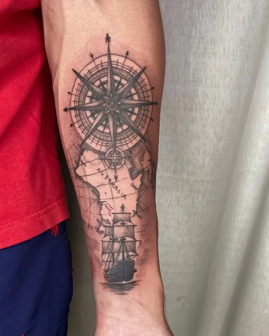 Big Black and Grey Compass Ship Map on Men Arm Tattoo by @aleksey_shapoval