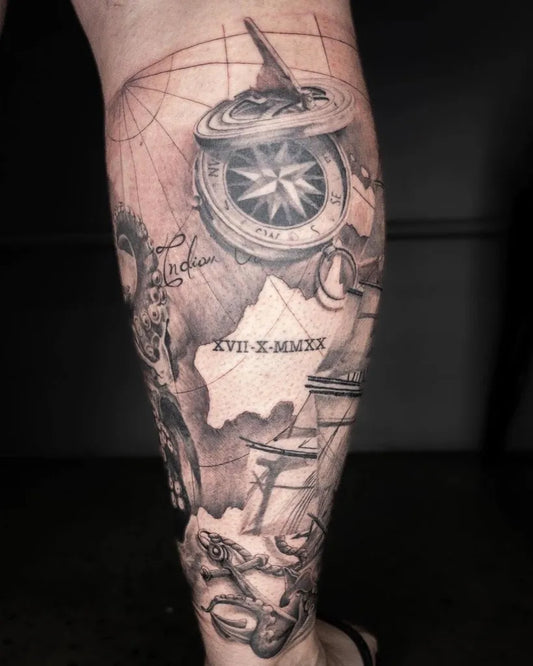 Big Black and Grey Compass and World Map Nautical Tattoo on Men Leg by @atg_sb