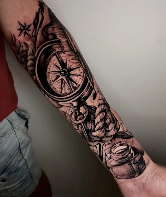 Big Black and Grey Compass with Rope and Barrel on Men Arm Tattoo by @maria_i_tattooartist