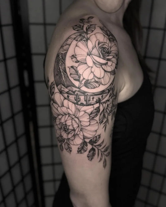 Big Black and Grey Crescent Moon and Peonies Tattoo on Women Shoulder by @tattoosbynicki