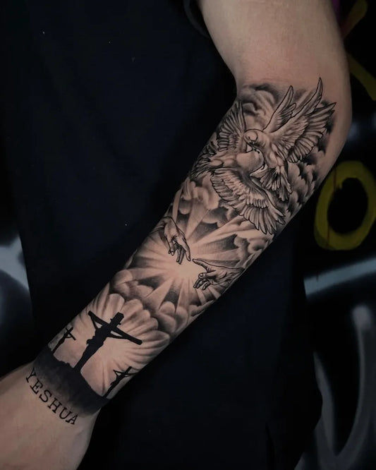 Big Black and Grey Cross Angel Clouds Tattoo on Men Arm by @wesley_studio_tattoo