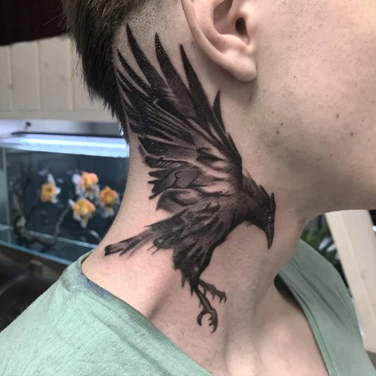 Big Black and Grey Crow Tattoo on Men Neck by @tattoo_henry