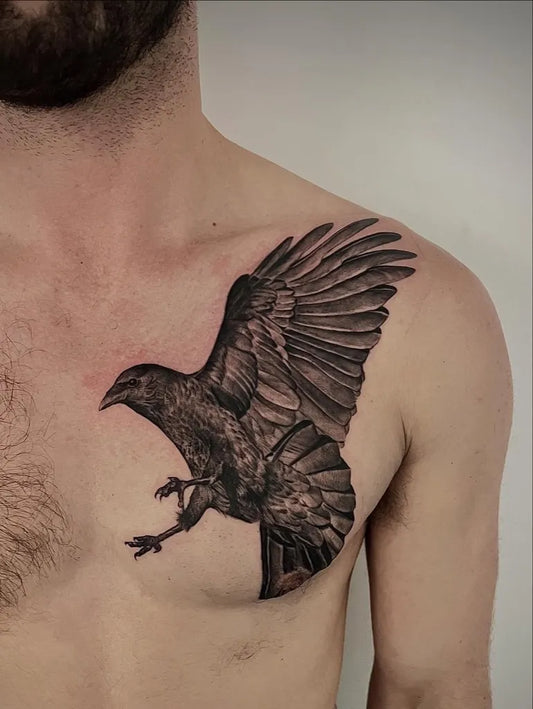 Big Black and Grey Crow Tattoo on Men Shoulder by @mjtattooer