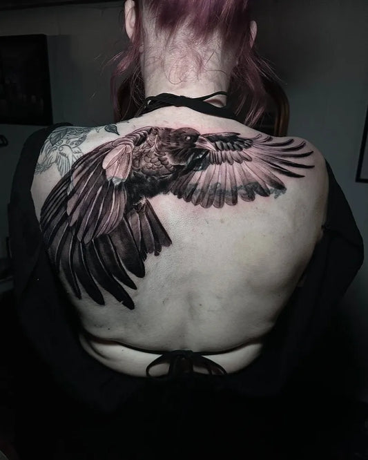 Big Black and Grey Crow Tattoo on Women Back by @danteytattoo