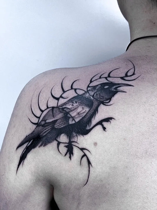 Big Black and Grey Crow with Thorns and Branches Tattoo on Men Shoulder by @soturnatattoo