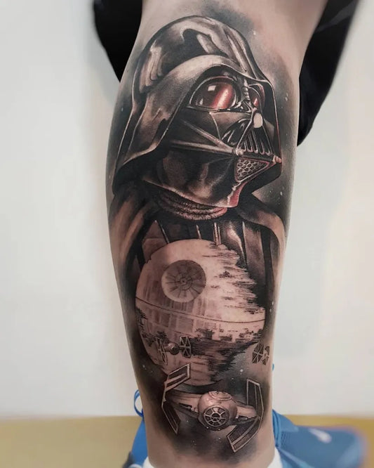 Big Black and Grey Darth Vader Star Destroyer Tattoo on Men Leg by @gamer.ink