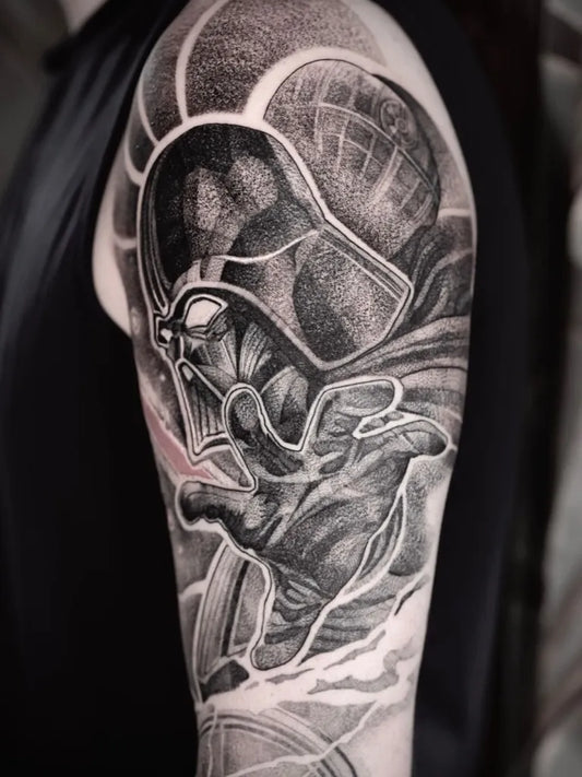 Big Black and Grey Darth Vader with Japanese Waves Tattoo on Men Arm by @ricardobolttt