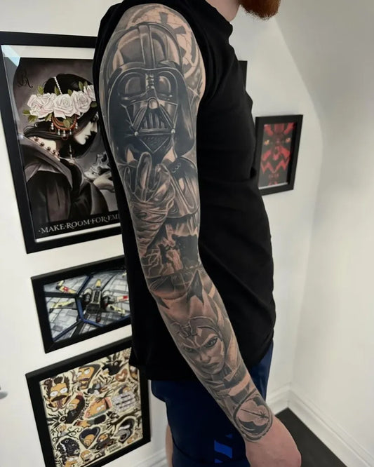 Big Black and Grey Darth Vader with Rose Tattoo on Men Arm by @andyjctattoo