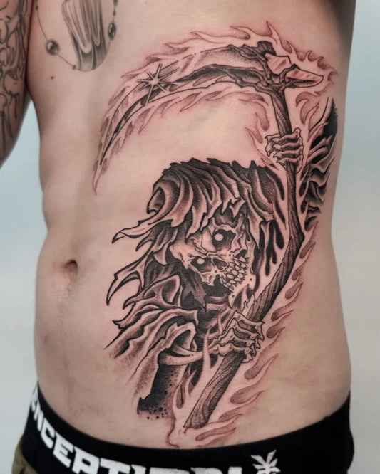 Big Black and Grey Death Grim Reaper with Scythe Tattoo on Men Stomach by @genyth.nolita