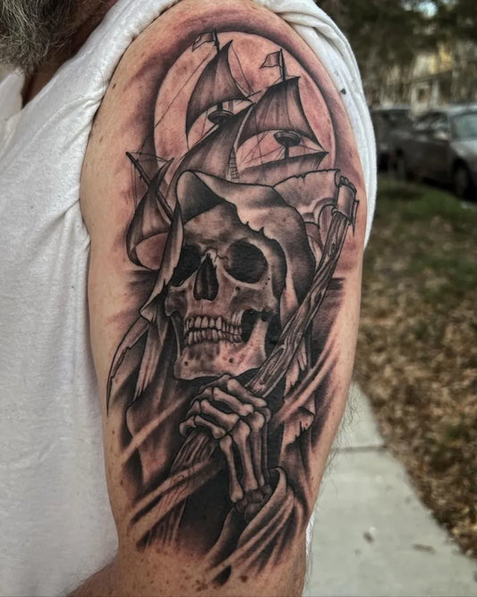 Big Black and Grey Death Ship Grim Reaper Nautical Tattoo on Men Arm by @slickphillips_art