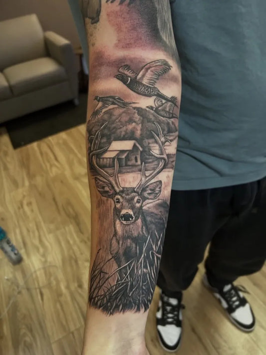 Big Black and Grey Deer Cabin Ducks Tattoo on Men Arm by @verydopeart