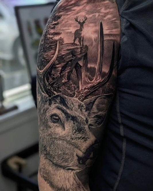 Big Black and Grey Deer Forest Tattoo on Men Arm by @teganwolftattoos