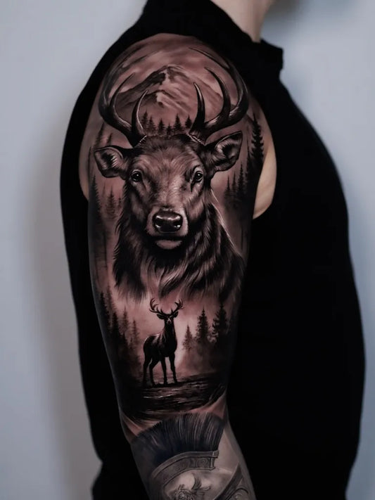 Big Black and Grey Deer Landscape Tattoo on Men Shoulder by @andyramostattoo
