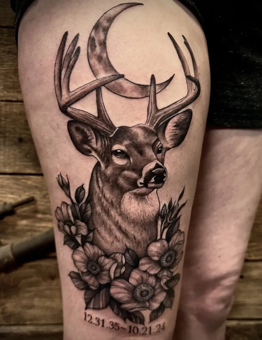 Big Black and Grey Deer Moon and Flowers Tattoo on Women Thigh by @eryn_tattoo