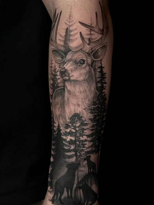 Big Black and Grey Deer and Dogs Tattoo on Men Leg by @raul13tattoos