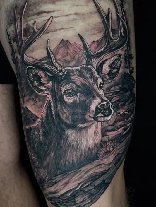 Big Black and Grey Deer with Mountains and Landscape Tattoo on Men Arm by @kfoxtattoos