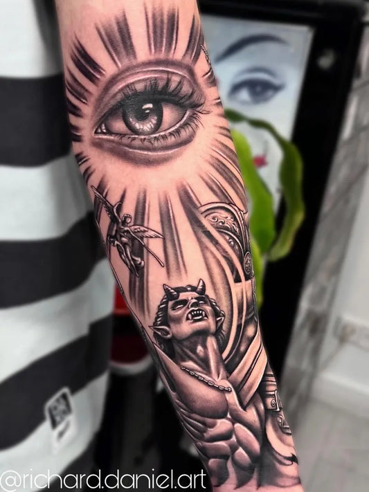 Big Black and Grey Demon Eye Tattoo on Men Arm by @richard.daniel.art