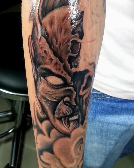 Big Black and Grey Demon Skull Tattoo on Men Arm by @ta2istrahul