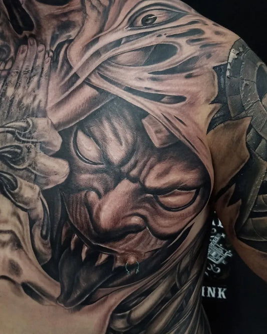 Big Black and Grey Demon Tattoo on Men Chest by @getinkedatbaliink