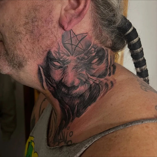 Big Black and Grey Demon Tattoo on Men Neck by @pjay666tattooer