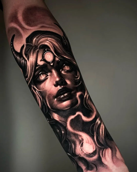 Big Black and Grey Demon Tattoo on Women Arm by @malborosie.ttt