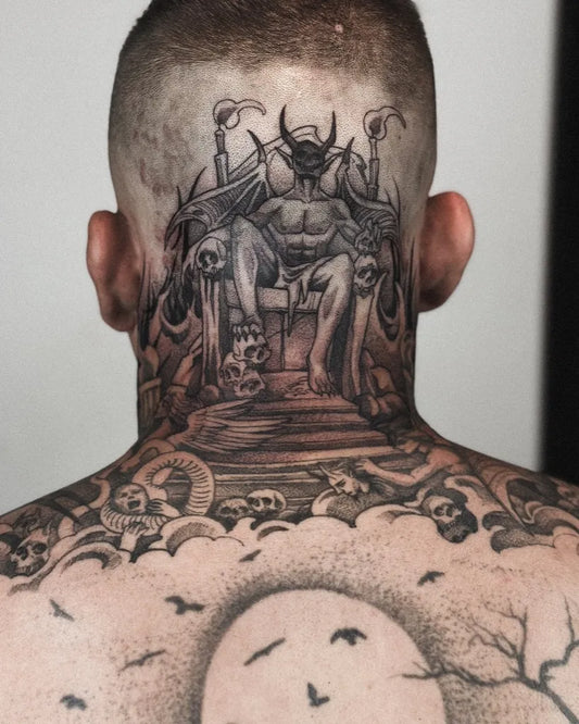 Big Black and Grey Demon Throne with Skulls and Moon Tattoo on Men Head by @joaohellyeah