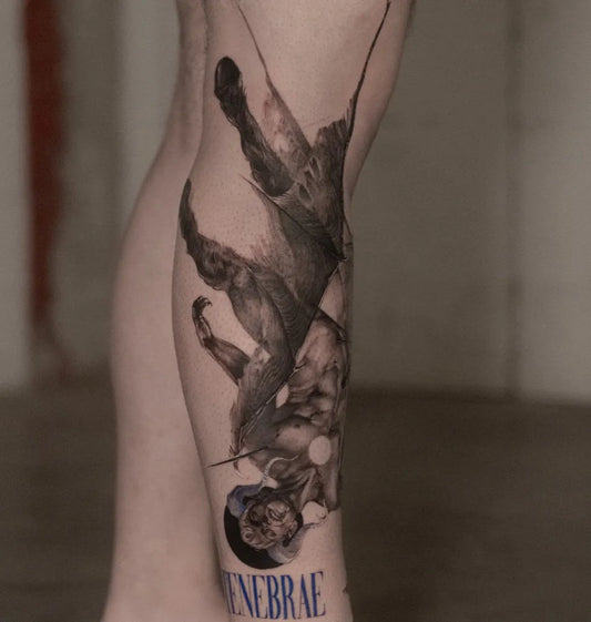 Big Black and Grey Demon Wings Tattoo on Women Leg by @lejobravo