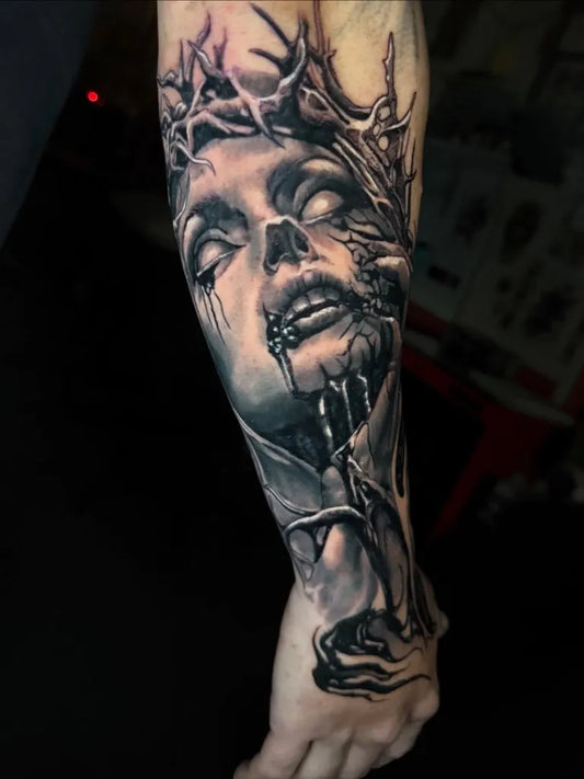 Big Black and Grey Demon Woman Tattoo on Women Arm by @pabz_tattoo