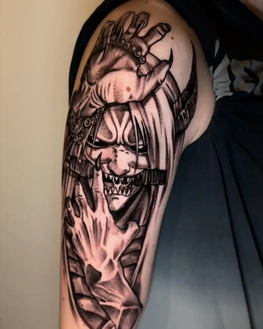Big Black and Grey Demon with Chains and Horns Tattoo on Men Arm by @ink21_wien