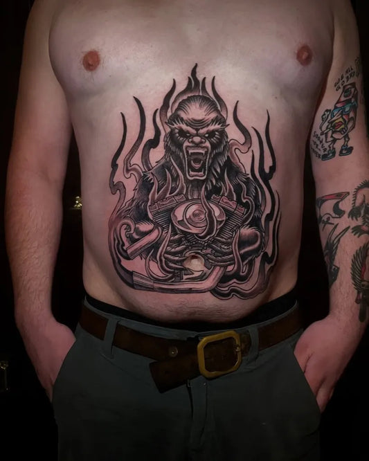Big Black and Grey Demonic Ape Buddha Tattoo on Men Stomach by @zackkinseytattoos