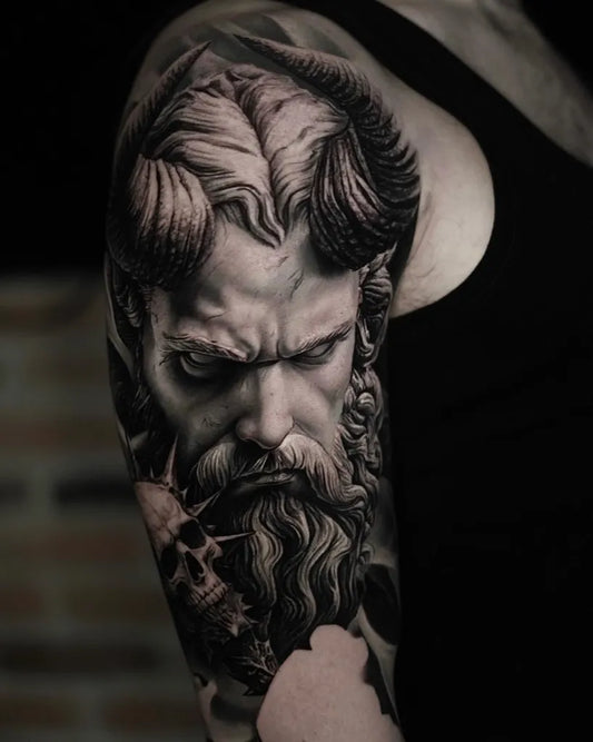 Big Black and Grey Demonic Horned Skull Portrait Tattoo on Men Arm by @thomas.maffeo
