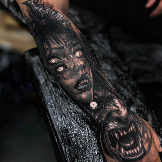 Big Black and Grey Demonic Woman with Wolf Horror Tattoo on Women Arm by @cool.tattoo.username