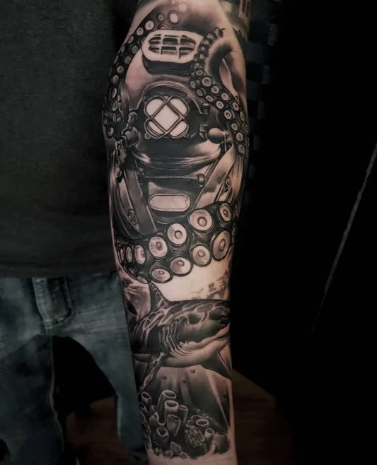 Big Black and Grey Diver Helmet and Octopus Nautical Tattoo on Men Arm by @chrisramireztattoos