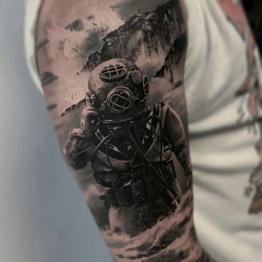 Big Black and Grey Diver Helmet with Ocean Scene Nautical Tattoo on Men Arm by @kiyoharu_tattooer