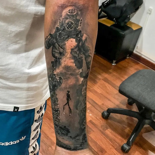 Big Black and Grey Diver and Submarine Nautical Tattoo on Men Arm by @andysinnk