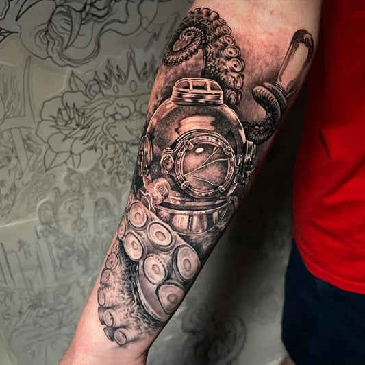 Big Black and Grey Diving Helmet with Octopus Men Arm by @oliver_l_boots