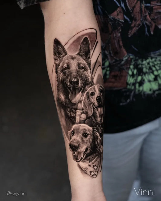 Big Black and Grey Dog Portrait Tattoo on Men Arm by @serjvinni