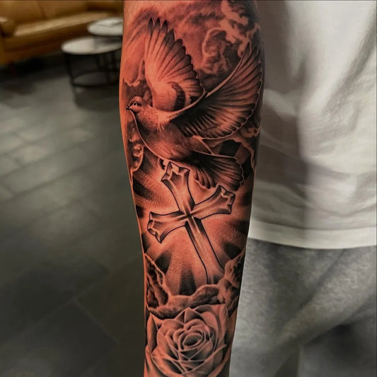 Big Black and Grey Dove Cross Rose Tattoo on Men Arm by @clostattoos