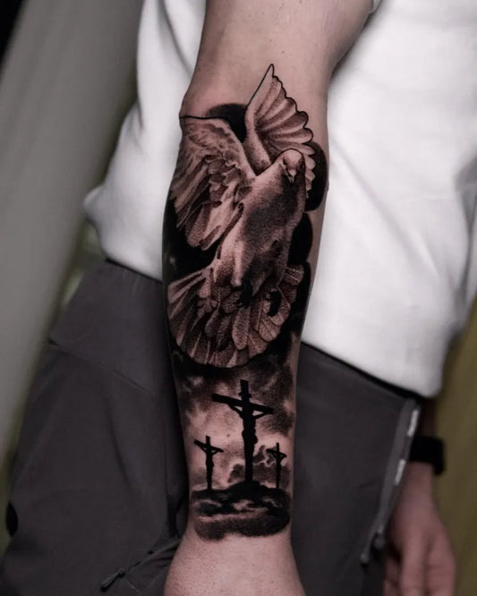 Big Black and Grey Dove Cross Tattoo on Men Arm by @alexrusu_tattoo