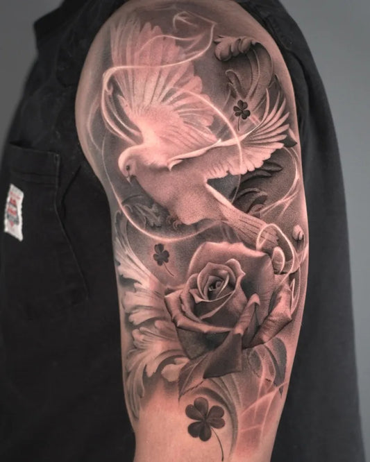 Big Black and Grey Dove Rose Clover Tattoo on Men Arm by @sarahwtattoo
