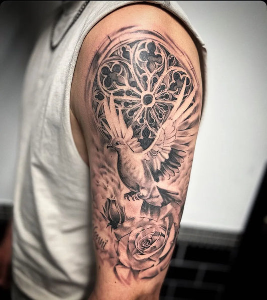Big Black and Grey Dove Rose Window Tattoo on Men Shoulder by @boweytattoo