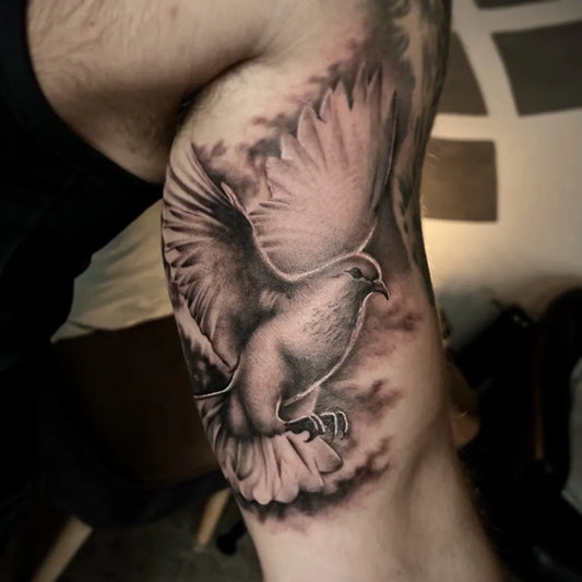 Big Black and Grey Dove Tattoo on Men Arm by @aidanshawtattoo