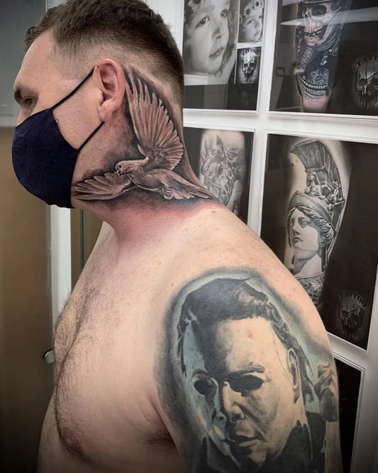 Big Black and Grey Dove and Michael Myers Tattoo on Men Neck by @olotattoo