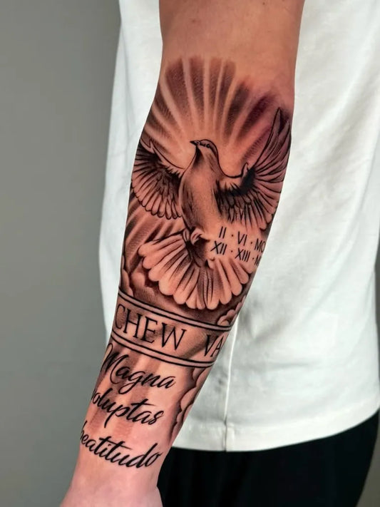 Big Black and Grey Dove with Latin Text Tattoo on Men Arm by @jacobtullytattoo