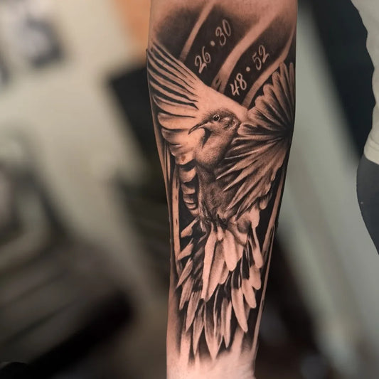 Big Black and Grey Dove with Numbers Tattoo on Men Arm by @antonvtattoo