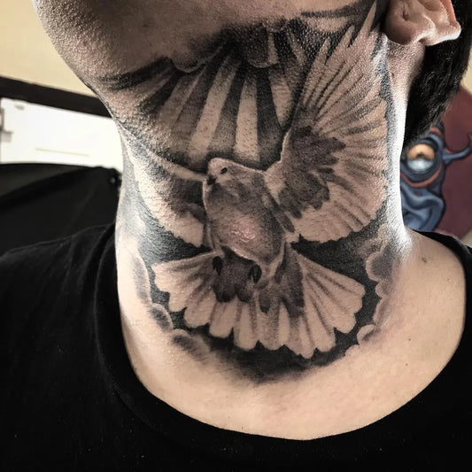 Big Black and Grey Dove with Rays and Clouds Tattoo on Men Neck by @mikeandinkk