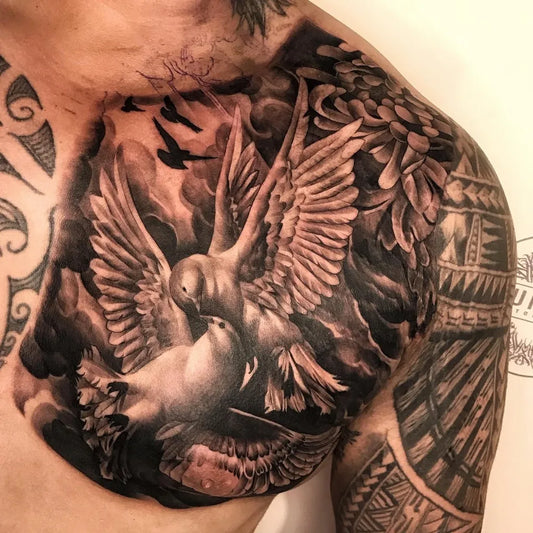 Big Black and Grey Doves and Flowers Tattoo on Men Chest by @badrart_lumina