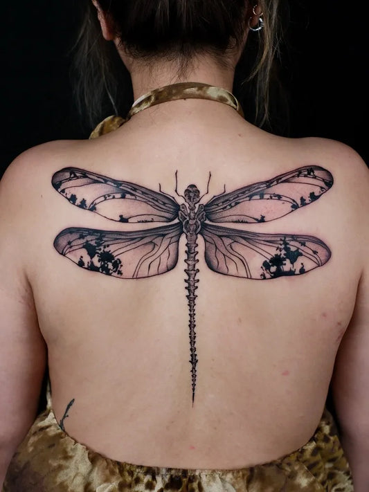 Big Black and Grey Dragonfly on Women Back Tattoo by @cyphertattoo