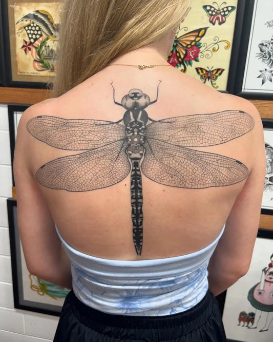 Big Black and Grey Dragonfly on Women Back Tattoo by @redgrizzly123